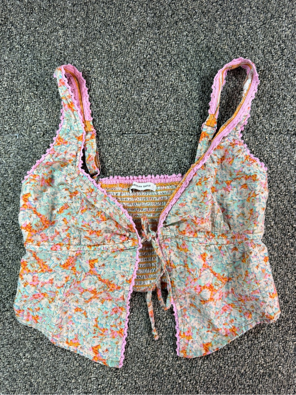 American Eagle Outfitters Teal Floral Tie-Front Camisole with Pink Trim